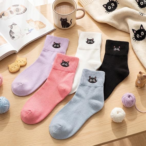 Black Cat Face 10 Pairs Socks Womens Crew Elastic Ankle Length Cotton Socks Aesthetic Cute Lightweight Low Cut Gifts for Women