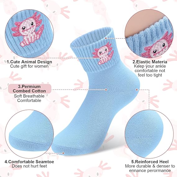 Axolotl 10 Pairs Socks Womens Crew Elastic Ankle Length Cotton Socks Aesthetic Cute Lightweight Low Cut Gifts for Women