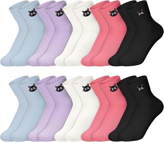 Black Cat Face 10 Pairs Socks Womens Crew Elastic Ankle Length Cotton Socks Aesthetic Cute Lightweight Low Cut Gifts for Women